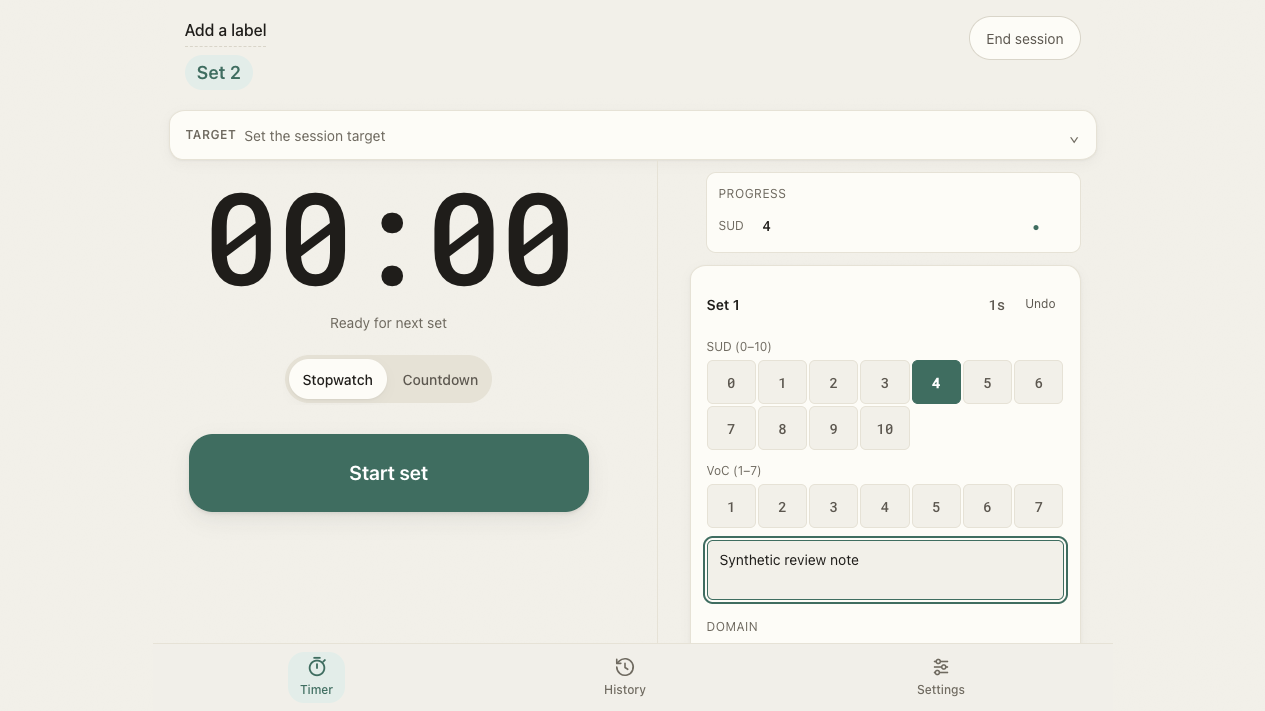 EMDR Timer between sets, with separate SUD and VoC controls beside a note field containing Synthetic review note.